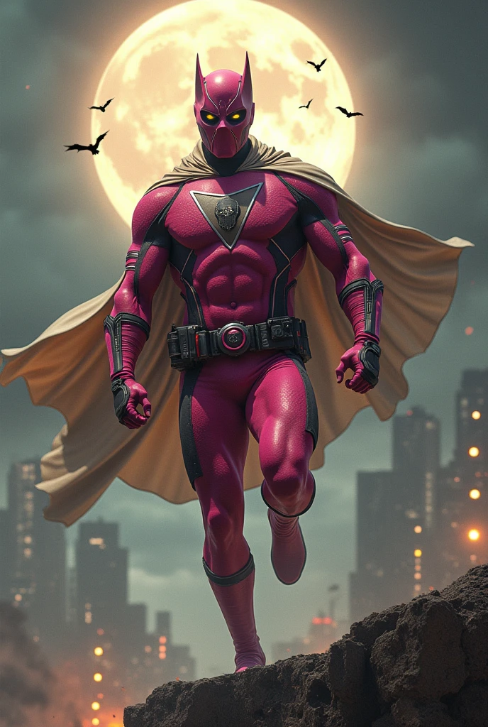 Malaysia man in high-tech suit, vivid effects, malaysian superhero(( (KELUANG MAN)) in a striking pink and brown beige costume cyberpunk design((, mask small mini bat ear beige,)) daredevil beige mask, jumpsuit dark pink stands confidently in a dramatic.jumping from high place.hero costume.one hand rise up. (Big triangle logo on the chest.high detail Punisher logo on the chest)). jumping from hight place. Fighting pose , stormy landscape. ((Head covered node guard like batman. Running pose , athletic body type, small mini ear bat mask))The character wears domino mask a helmet with pointed mini torn ears and a flowing cape biege, open nose and mouth. Equipped with visible futuristic weapons on a belt,bullet proof jacket pink dark day.show fingers pose, dark night, big supermoon effect . Small logo on chest triangle shape small ((mitch gerads punisher ))logo center triangle cyber logo center on chest pink logo mini logo . rocky. Building top.smoke ground , bomb effect background, losse pants, losses costume.adding to --ar 3:4 --style raw --stylize 500 --v 6.1. chaos. Lot of small flying bat. One leg on the high stone. Man. Backpack . Real man age 40 year old. One hand holding belt. Jump from high place. Open cape.