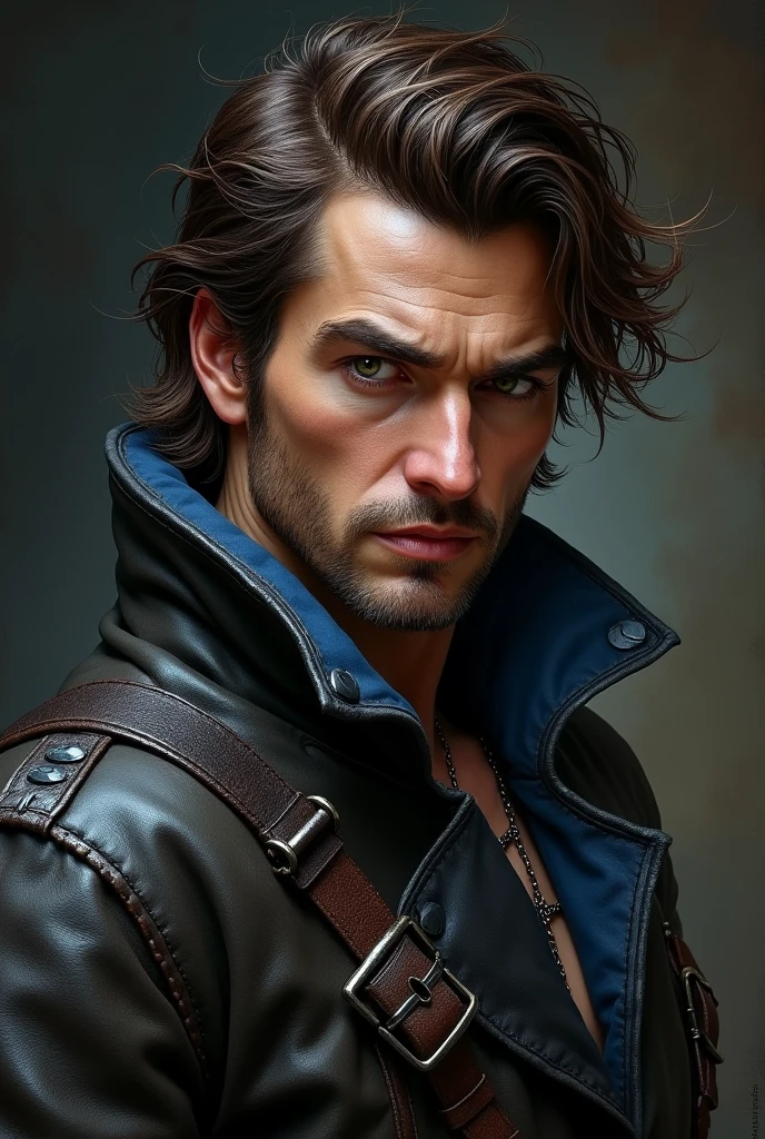 Male, adult, brunette, wearing thief leather with blue cloth, portrait