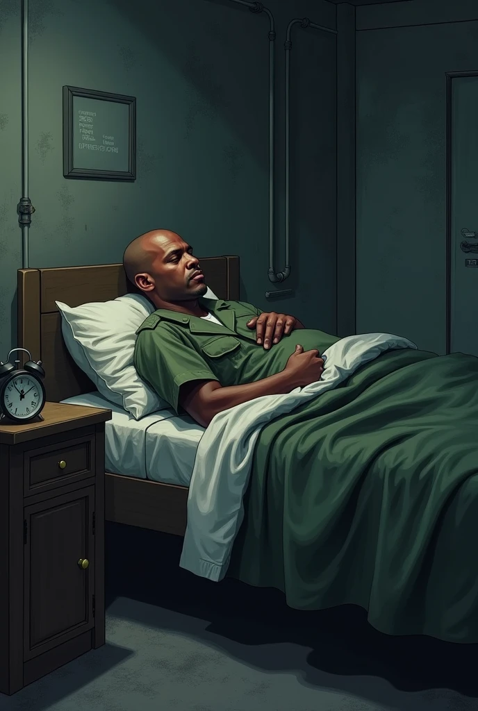 a dark man ,a little chubby, with shaved hair, Waking up in his bed early in the morning in a military compound very sleepy