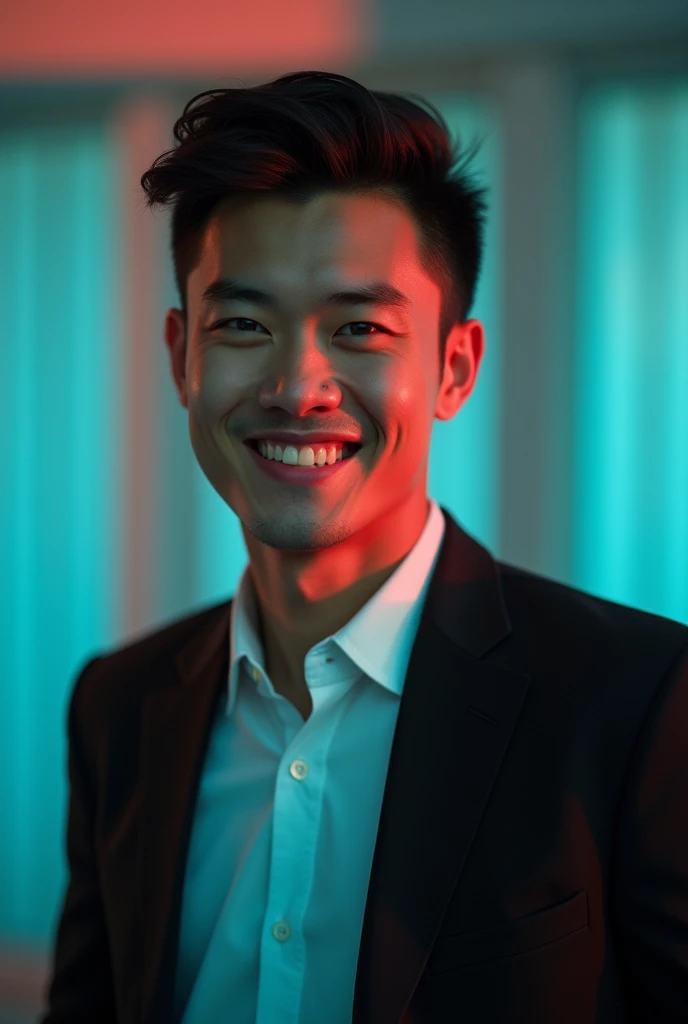 A young man with dark hair and a confident smile. He is dressed in a black blazer over a white shirt. The man is positioned against aqua colour backdrop with a subtle red lighting on the left side. and he posing for Linkedin profile