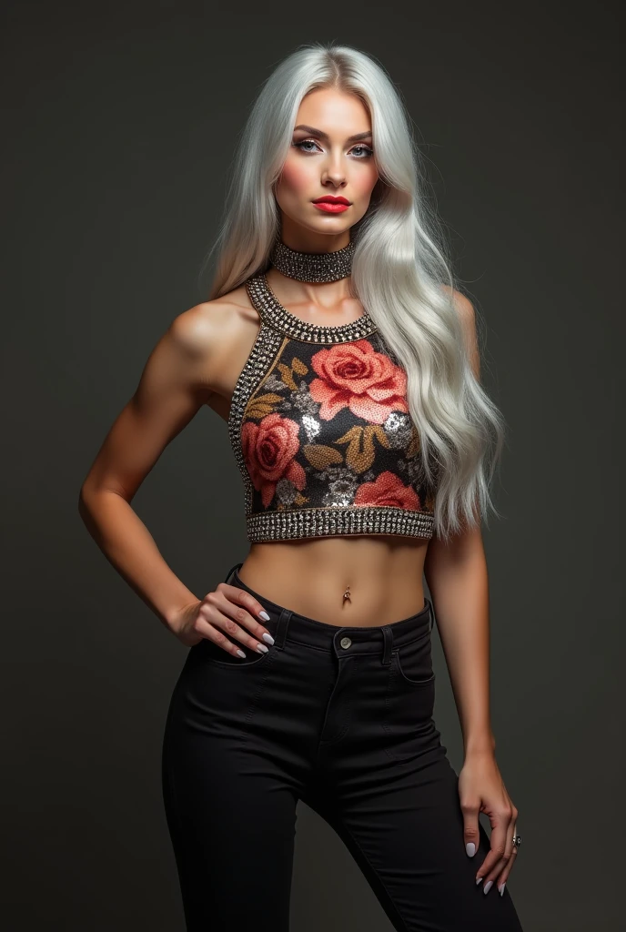 ((best qualityer, work of art)), detailded, realisitic, 1womanl, great, Fancy Sleeveless Floral Print Sexy Sequins Crop Top, Elegant trousers, choker, long elegant platinum silver hair;, Dark tons, smug smile