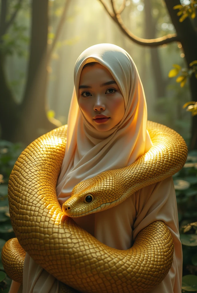 beautiful korean woman,wearing a hijab layered with elegant Muslim clothing, and a bright brown big giant anaconda wrapped around the body, the head to the side, raw photo dslrbreak ultra detailed masterpiecebest qualitymagic forest scene where the trees come to life and emit a soft ethereal light glow1216k, facing the camera