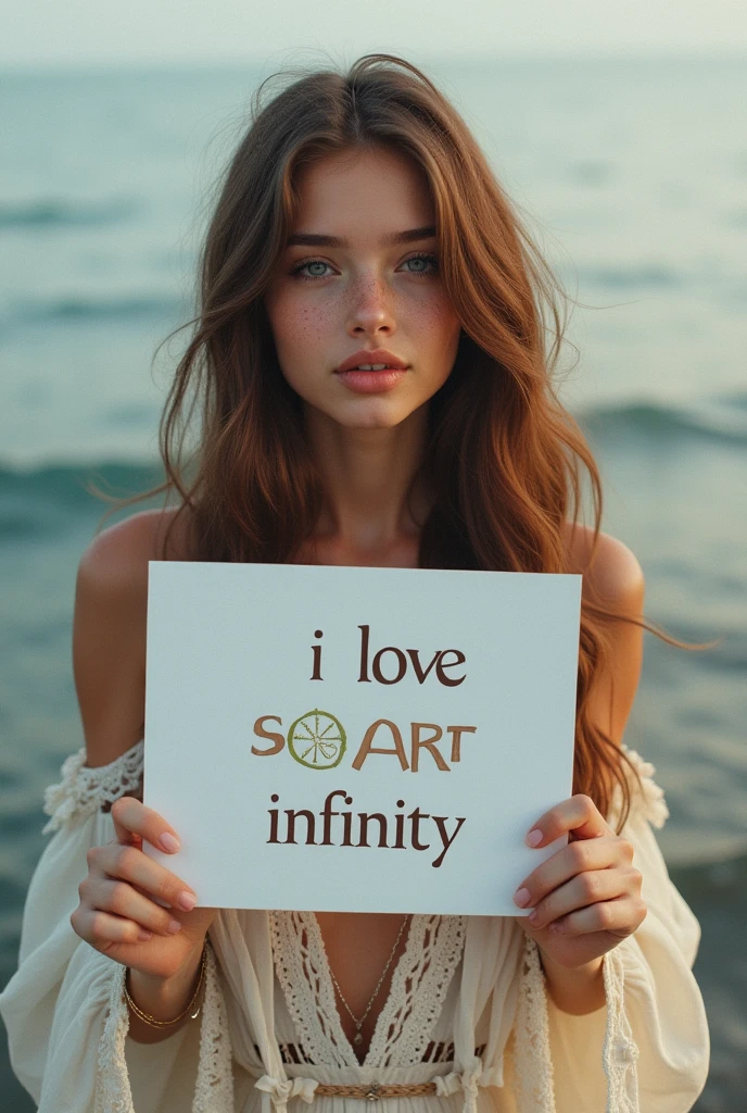 Beautiful girl with wavy long hair, bohemian dress, holding a white board with text "I Love Seaart Infinity" and showing it to the viewer