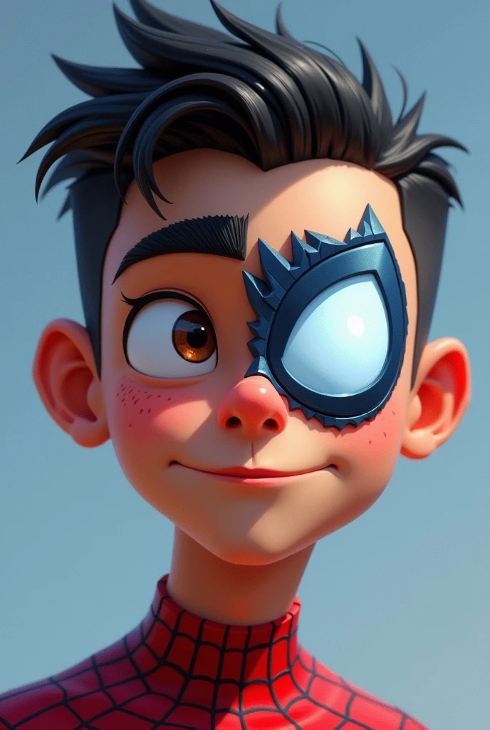 2D animation Young man portrait left side of the face, with buzz cut hair, thick black eyebrows with expressive brown eyes and long eyelashes, small nose and small mouth with a dark lower lip. The right side is the Spiderman mask in light blue tones.