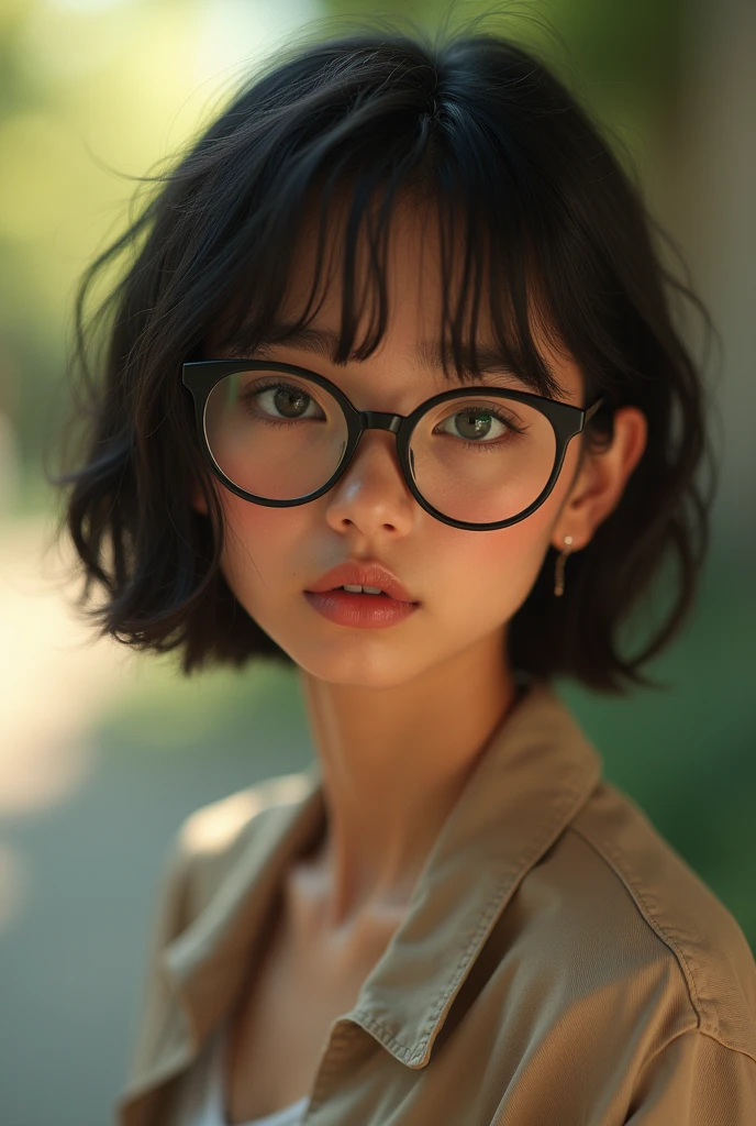 A photo of an 1 girl with a medium brown complexion and a slim build. She has a round face and wears oversized glasses. Her hair is until her ears with a men's 2024 mob cut in the front and a fade on the back. The girl does not wear any makeup. The photo has a natural light source.