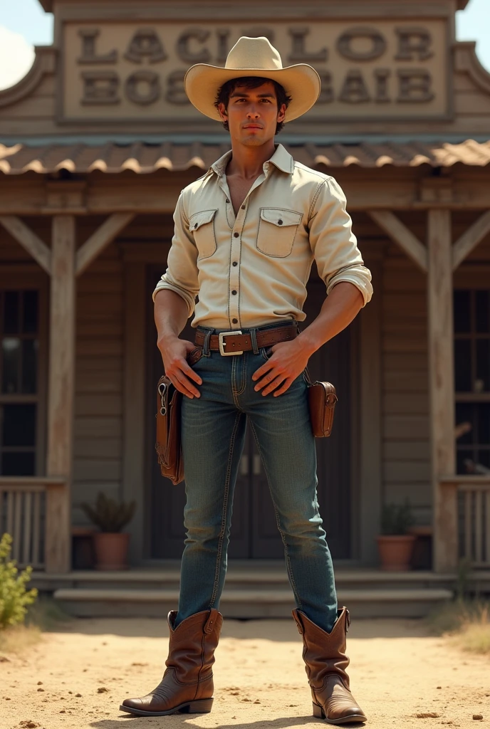 young handsome beautiful white skinny soft skin cowboy behind him a cowboy bar