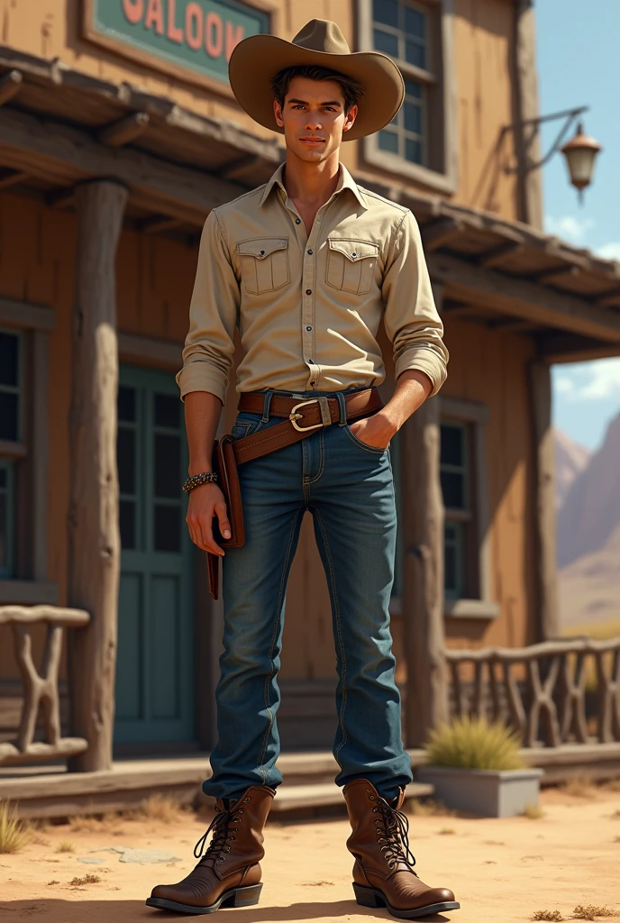 young handsome beautiful white skinny soft skin cowboy behind him a cowboy bar