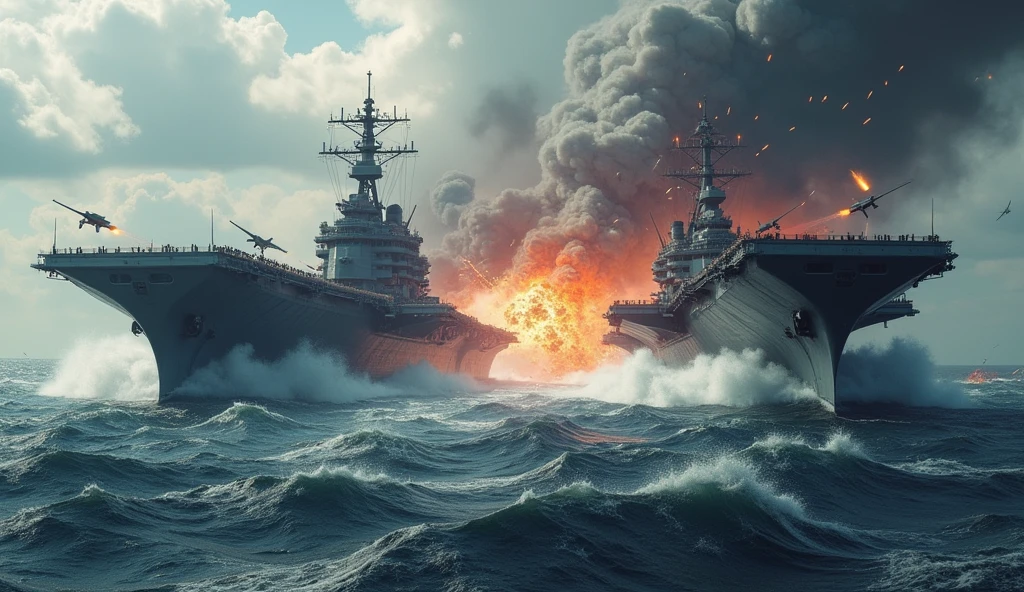 2024; (masterpiece, best quality) destroyed sea; giant waves; naval battles between aircraft carriers; explosions; bombs exploding