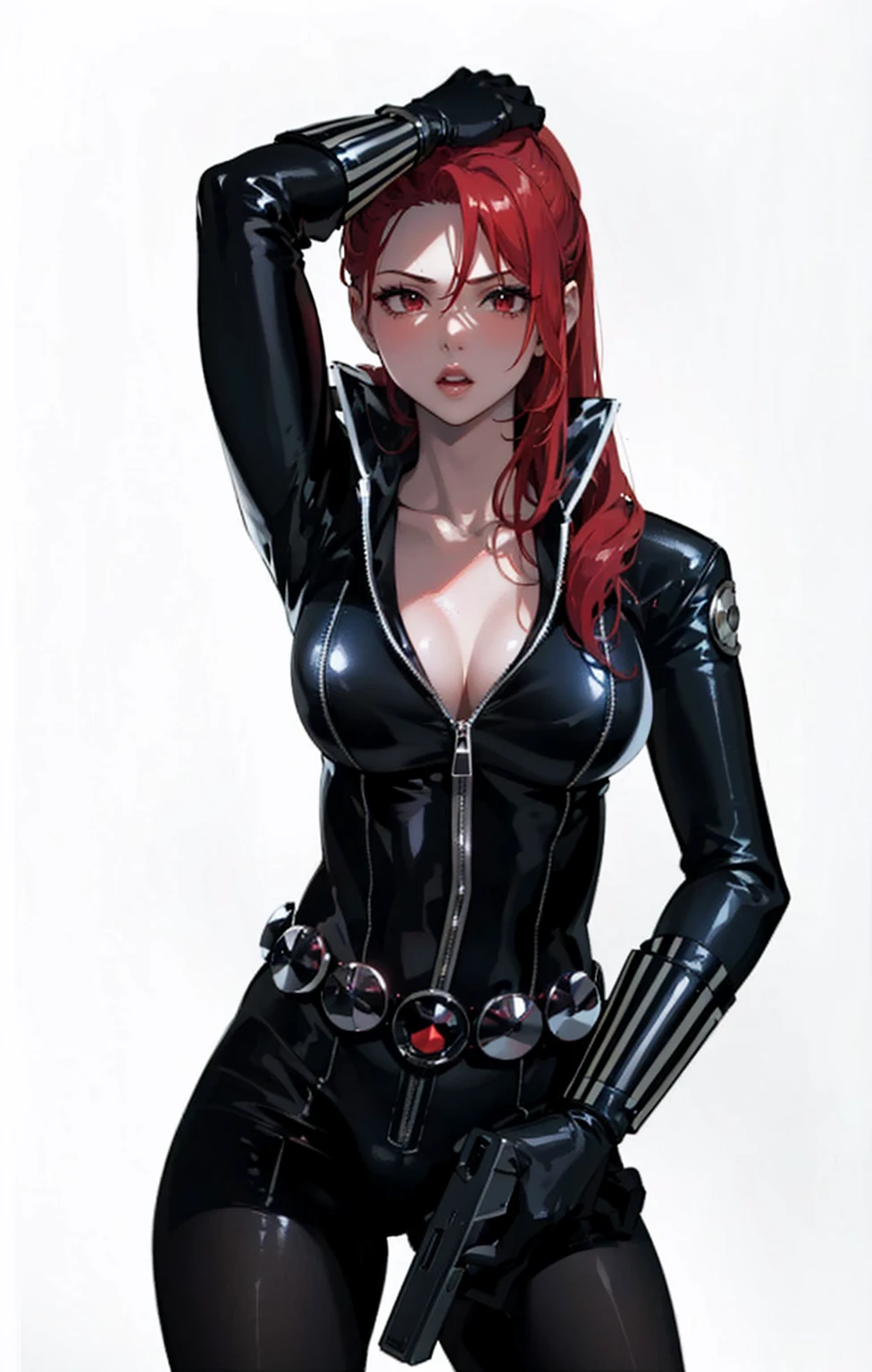 The image features a girl with long, bright red hair, dressed in a sleek skin-tight shiny black latex bodysuit with a deep-cut zipper neckline revealing a large chest, the silver zipper running down the front. The suit is complemented by her iron wrist guard on both wrists and a belt of silver circles around her waist. She holds a gun in each hand in a ready position, while her other hand is touching her hair. The background is white