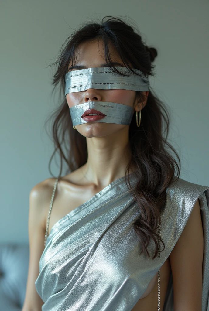 Aesthetic girl blindfolded Duct tape gagged in silver shimmering saree taking selfie