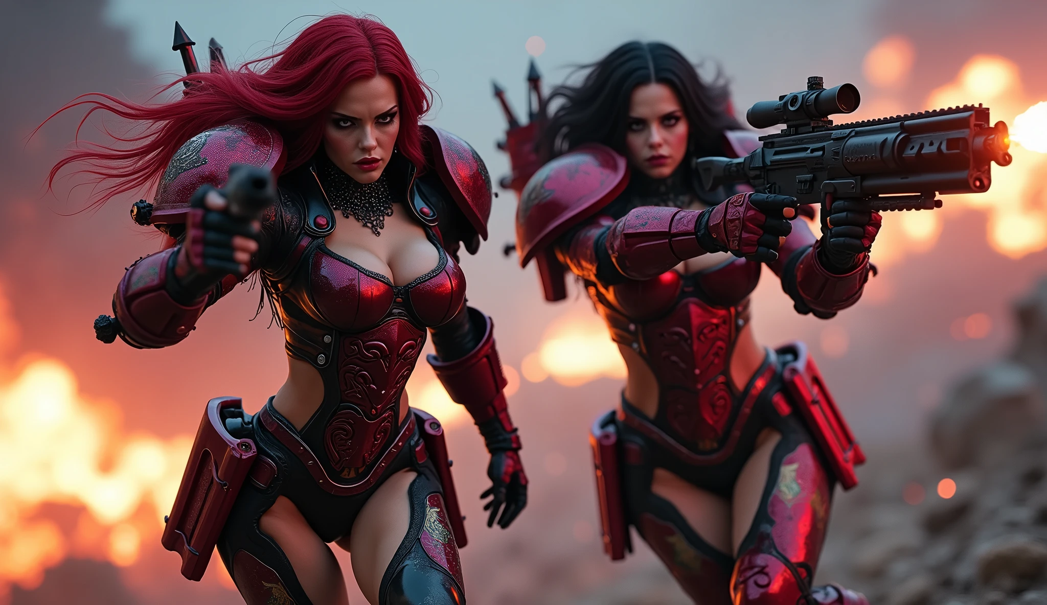 Full body pose sexy sisters of battle from the warhammer 40k, shooting at the enemy, red space marine armor with intricate details, black space marine armor with intricate details, symbols on the armor, sisters of battle, warhammer 40k, Massive exposed silicone breast, pale skin, seductive, temptation, eat your soul, clevage, long red flowing hair, long black flowing hair with purple highlights, heavy gothic makeup, at night, neon, beautiful detailed eyes, beautiful detailed lips, extremely detailed eyes and face, long eyelashes, highly detailed armor, intricate futuristic weaponry, dramatic lighting, cinematic composition, muted color palette, gritty and realistic, mecha, science fiction, hyper-detailed, photorealistic, award winning digital art, 8k, HDR, masters work, in the middle of a battle field, full body combat action pose, explosions and fire around, full war, stunning, Stilleto heels, high heels, full body pose, cinematic, movie trailer, final stand!, nemesis, ready to strike, dust and debree, combat screams, attacking, shooting at the enemy, running forward, last line of defense, charging, fanatic, religious, templar knights, sisters of battle, warhammer 40k, shooting at the enemy, bimbo gigantic exposed breast, jetpacks, space marine, stilleto heels, cinematic light, cameltoe pussy, beautiful pussy, wet pussy, wet body, oiled body, gigantic breast, dynamic super sexy combat action pose