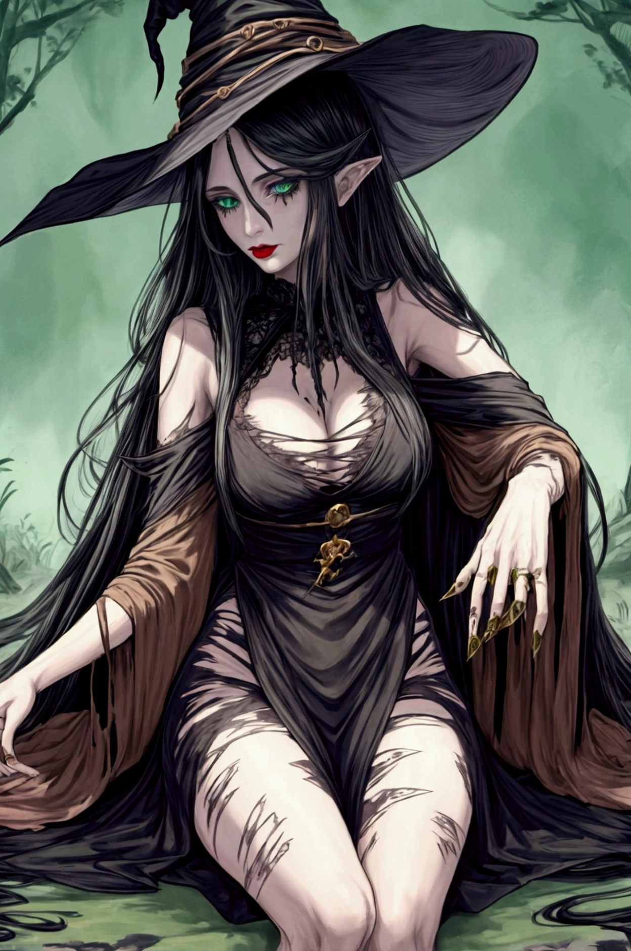 witches green eyes long thin nose very short big lips long dirty hair .torn witch clothes