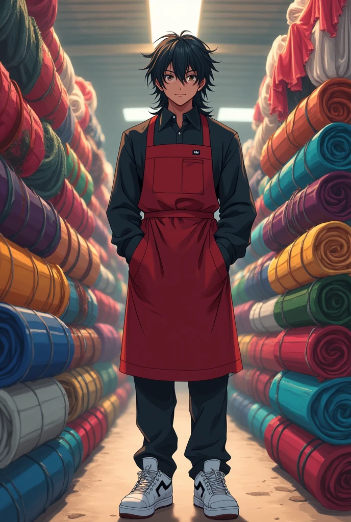 Create an anime style boy, about 20 years old, with dark skin and a somewhat robust complexion, dressed as a woman. Has long hair, Black and messy, with brown pupils and noticeable dark circles. He wears a black shirt, a red apron, black pants and white tennis shoes. He is standing in the back of a fabric store, surrounded by rolls of fabric of different colors."

This prompt should help you get the desired image.