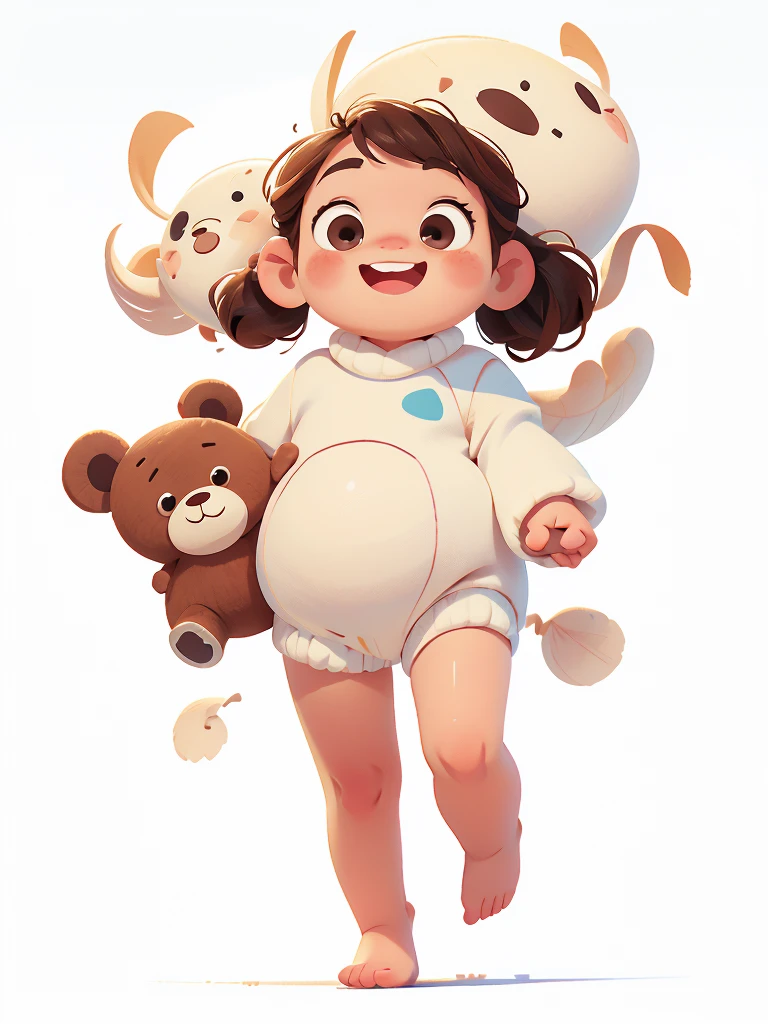 Perfect anatomia, 1 baby, solo, happy, with white background, walk, looking towards the camera, front face, looking straight, cute face, barefoot, holding hands with a teddy bear
