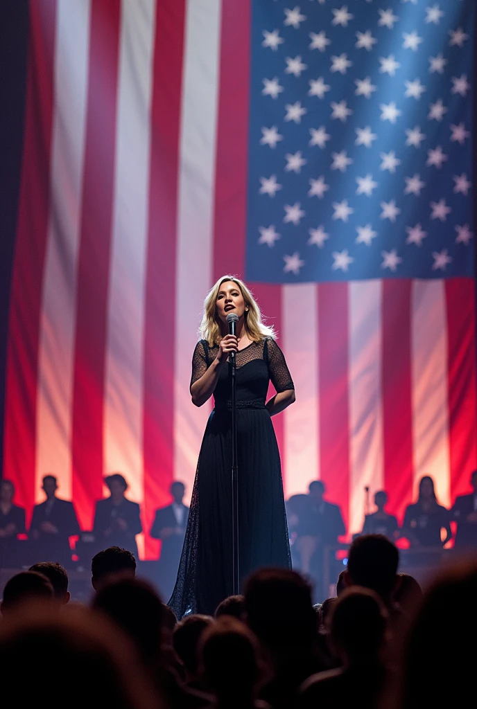 Image of singer Adele singing with a stage and American flags in the background 