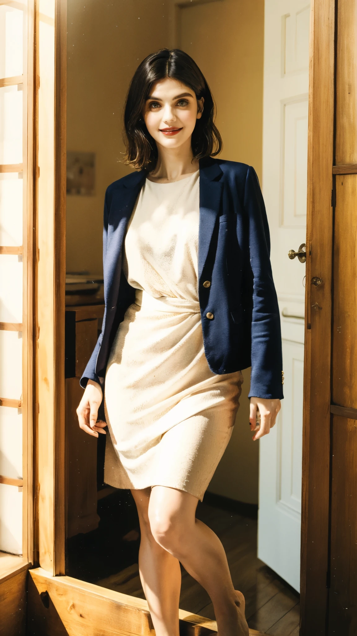 (masterpiece:1.2, best quality:1.2, extremely delicate:1.2), ((Alexandra Daddario:1.2)), a girl with short gray hair, bright eyes, a cheerful smile, a joyful expression, perfect nose, perfect mouth, perfect teeth, a slender figure, a two-piece fantasy-realistic style jacket, short skirt that matching the outfit, barefoot, she happily leaps in front of a fantasy-style ancient ritual building, bright and soft color, this character embodies a finely crafted fantasy girl, exquisite photography, Photo realism, photorealistic, pale skin, perfect skin, textured skin, detailed skin, porcelain skin, dramatic, high definition, highres, ultra-detailed, ultra-fine painting, professional, perfect body proportions, golden ratio, anatomically correct, symmetrical face, perfect eyes, extremely detailed eyes and face, high quality eyes, creativity, RAW photo, UHD, 32k, Natural light, cinematic lighting, (masterpiece-anatomy-perfect:1.2)