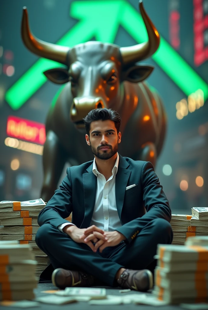 A young Ricj man with attitude face sitting in a boss site with big bull and in behind he has zig zag sign Arrow in green colour which is your stock market
And put dollar bundle rupees