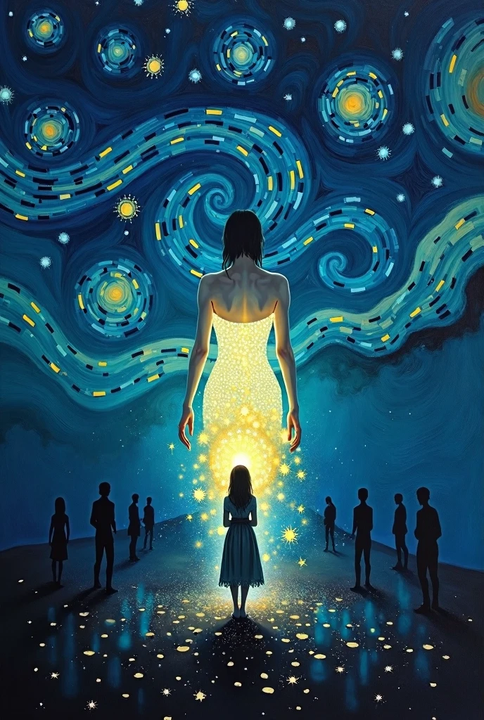 Night with stars like Van Gogh's starry night many silhouettes in the distance and in front a woman emanating light from her chest It's easy to be one more in the darkness.
The difficult thing is to be one in the true light