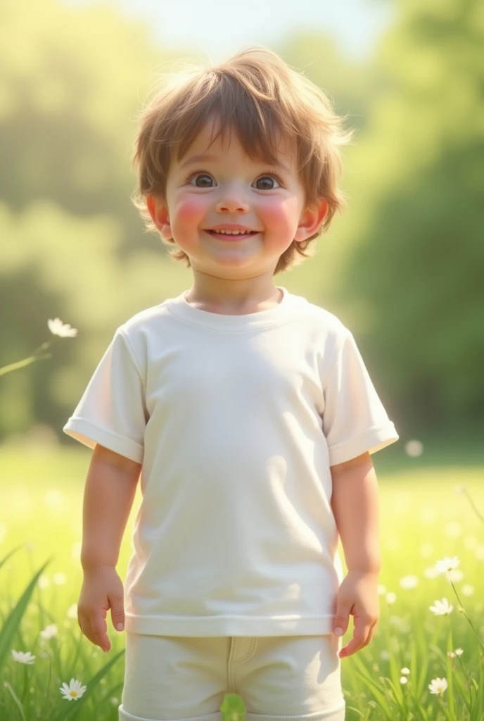 child with white t-shirt and white shorts