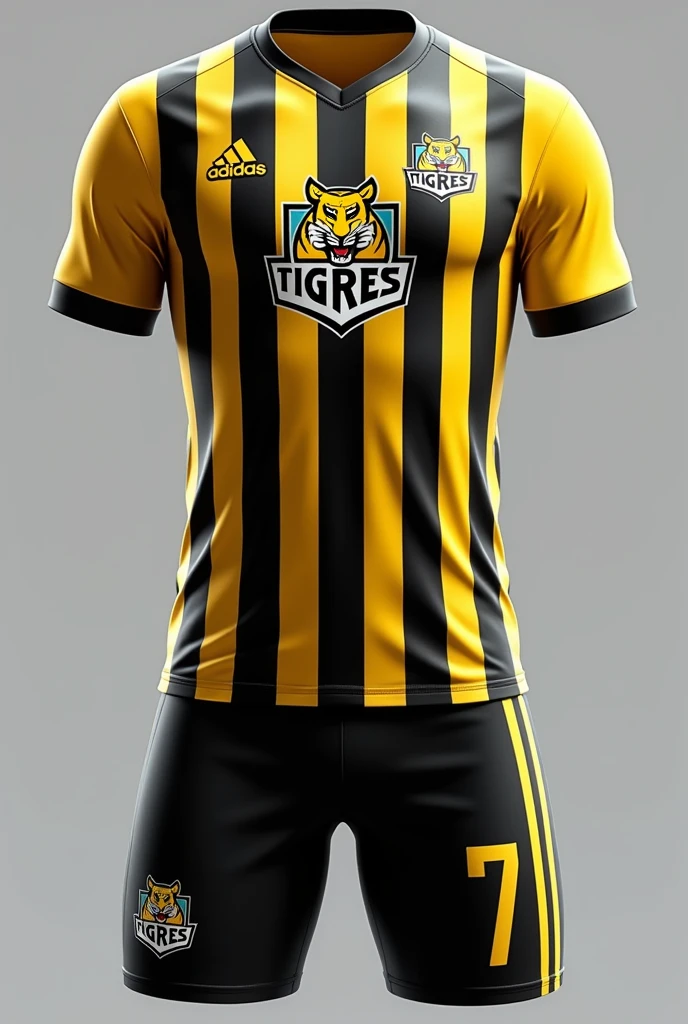 The Tigres Guaramiranga futsal team uniform is made in yellow and black colors. The shirt has vertical stripes alternating the two colors, with the team name highlighted in the center. The shorts and socks follow the same color combination, completing the team's vibrant and aggressive look. The team's shield, representing a tiger, is printed on the chest of the shirt, symbolizing the players' determination and tenacity.