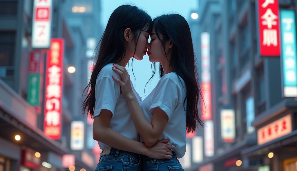 two asian women kissing each other in a futuristc Tokyo wearing jeans and white t-shirts