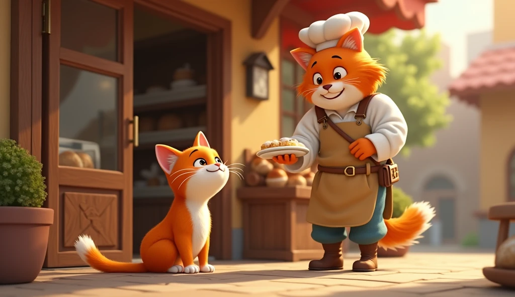 Create a warm and inviting image featuring Whiskers, the orange and white cat, sitting on the ground outside a quaint bakery. Whiskers should have a content and pleased expression as he looks up at a kind, smiling baker who has just stepped out of the shop. The baker should be holding a small dish of cream, offering it to Whiskers as a reward for his journey.
The bakery should have a cozy, rustic feel, with a wooden door and a window displaying freshly baked goods. The scene should be set in soft, warm light, suggesting a late afternoon or early evening, with a gentle glow highlighting both the baker and Whiskers. The overall mood should be one of kindness, warmth, and simple joy, capturing the special moment between the cat and the baker.