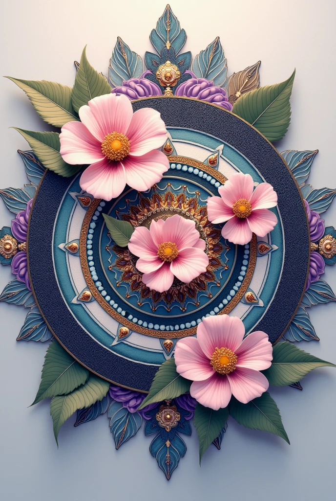 The artwork you've shared is a beautiful blend of floral and mandala patterns in a monochromatic style. To make this piece more attractive and eye-catching with colors, you can follow these suggestions:
### 1. **Flowers:**
- **Petals**: Use a gradient of **soft pinks** or **peach** tones. Start with a light shade at the tips and gradually blend into a deeper shade toward the center. This gives a natural and lively look.
- **Center of the Flowers**: Opt for a rich **golden yellow** or **deep orange** to make the flower centers pop. You can even add a hint of **bronze** or **copper** for a metallic sheen.
- **Leaves**: Use **rich greens**—start with a **medium green** for the base and add highlights with a lighter green, and shadows with a **dark, forest green**. This will create depth and realism.
### 2. **Mandala:**
- **Inner Circles and Patterns**: Incorporate **deep purples**, **blues**, and **turquoises**. These cool tones contrast well with the warmer tones of the flowers, creating a balance.
- **Outer Circles and Patterns**: Use **metallic colors** like **silver** or **bronze** for the outer layers. This adds a luxurious touch and makes the mandala stand out.
- **Small Details**: For the tiny dots and intricate patterns, use **white** for highlights and **black** for the shadows to maintain the monochrome essence while giving it a three-dimensional effect.
### 3. **Background:**
- Consider a **soft, pastel** background, perhaps in a **light lavender** or **pale blue**. This will keep the focus on the central design while giving the entire piece a serene atmosphere.
### 4. **Overall Tone:**
- Keep the palette balanced between **warm** and **cool** tones to make sure the composition doesn’t become overwhelming. The warm tones in the flowers will naturally draw the eye, while the cool tones in the mandala will offer a calm contrast.
### 5. **Accents:**
- You can add a few **metallic accents** (like in gold or silver) in the mandala