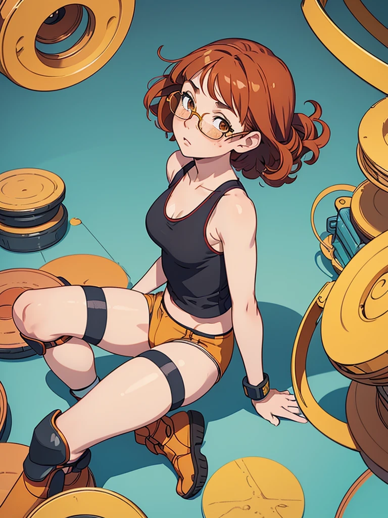 (masterpiece), (best quality), ((one girl)), ((alone)),copper red hair,(brown eyes),short hair, (curly hair),((side parted hair bangs)),anime style, freckles, (small breasts), (petite figure), (blue tank top),((knee pads)),legs, (desert background)), ((yellow glasses))