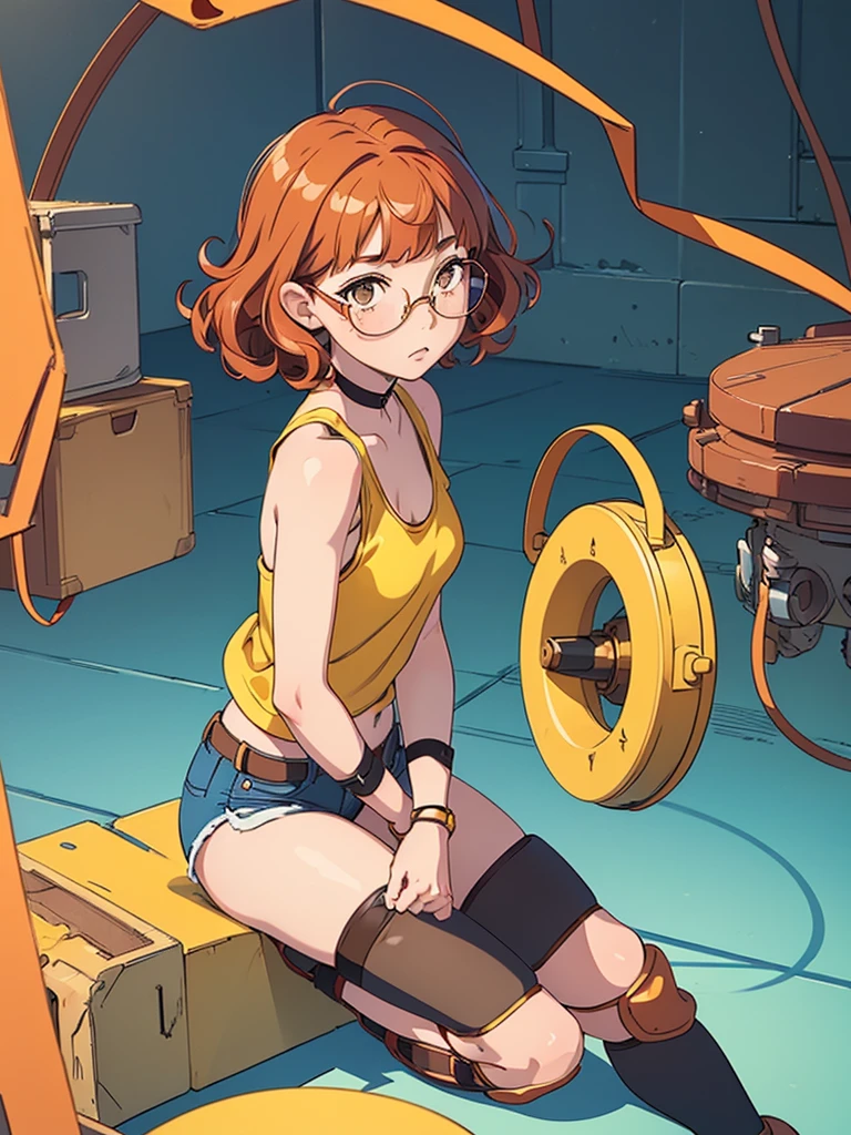 (masterpiece), (best quality), ((one girl)), ((alone)),copper red hair,(brown eyes),short hair, (curly hair),((side parted hair bangs)),anime style, freckles, (small breasts), (petite figure), (blue tank top),((knee pads)),legs, (desert background)), ((yellow circle glasses))