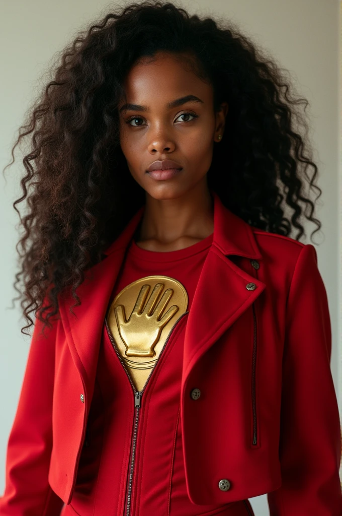 Show whole person. Curl hair. Beautiful Kenyan woman. Hero outfit color red. She wears a jacket but make it heroic outfit. Hand logo on her outfit