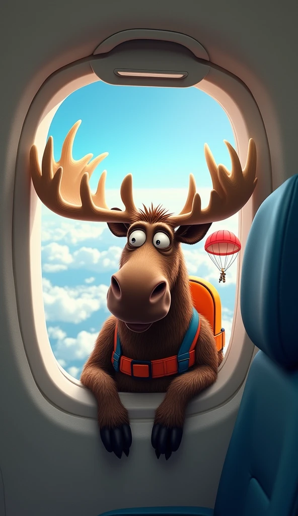 A funny depiction of a moose with a parachute on its back looking confused while hanging on the edge of the airplane window, The text: pushing a moose out of a plane