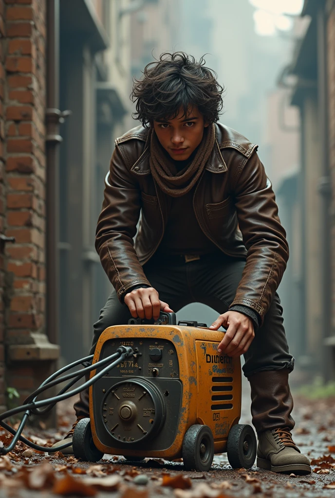 Young guy in full leathers starting portable generator by pulling the starter cord