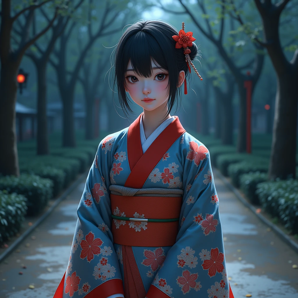 young japanese (((hyperrealistic))) (((Alone woman))), Delicate and beautiful face, beautiful black eyes, His face expresses peace, calm, funny, beautiful red blue and white kimono, wooden sandals, full body girl in the park, night image, imagen hyperrealistic, vivid colors, photographic quality