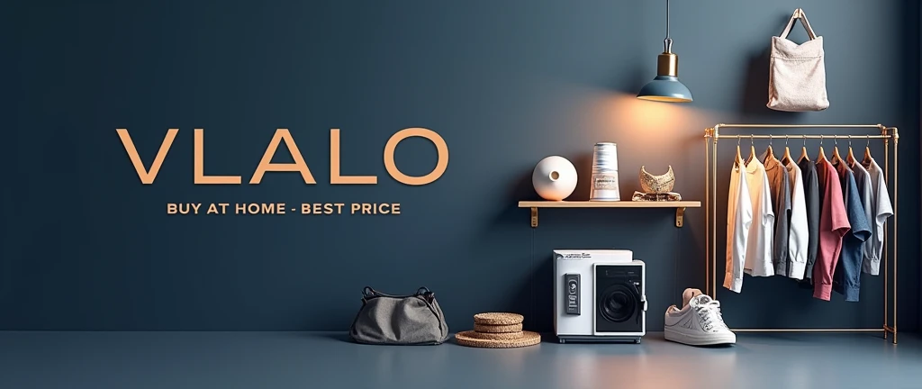 "Create a cover poster for Vlalo, a grocery store specializing in affordable home shopping for household items, appliances, and clothing. The design should feature sleek, modern visuals of these categories, such as stylish home gadgets, elegant clothing, and practical household products. Use a professional color scheme with sophisticated tones like navy blue and grey, avoiding the typical bright colors used for food products. Include the Vlalo logo prominently, with a tagline like 'Buy at home - Best price' in a refined font. The overall design should convey a sense of convenience, modernity, and value.