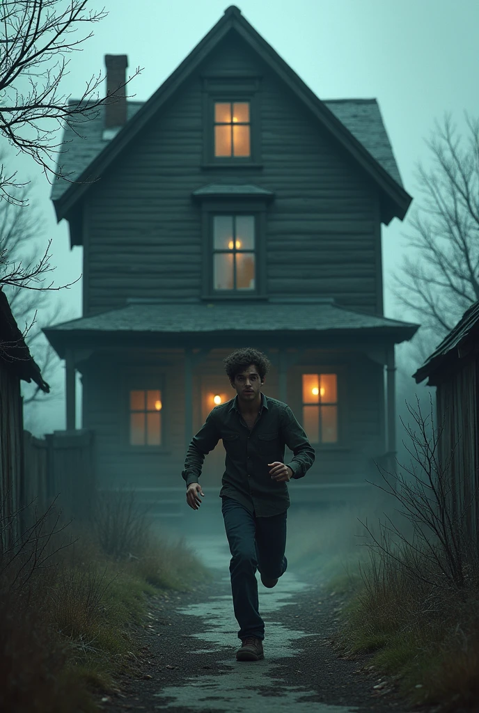 A young man fleeing from a large wooden house, with expressions of fear on their faces, in an abandoned town with a gloomy atmosphere and a little more lively