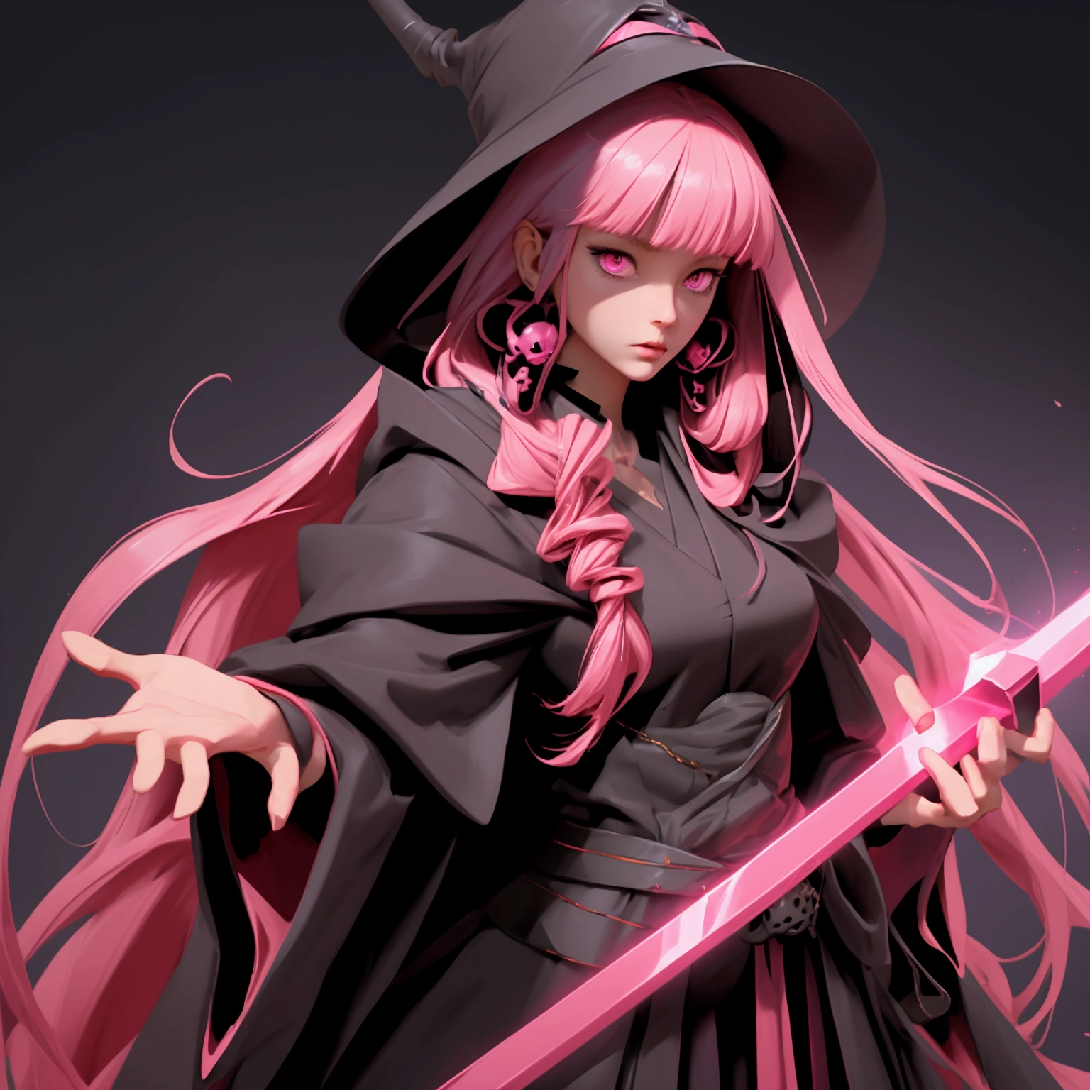 envision a 8k, highres, cinematic, full body design of a tall woman named Mori Calliope with long pink hair, pink eyes, in a grim reaper robe adorned with skull accessories and a scythe against a dark gray background