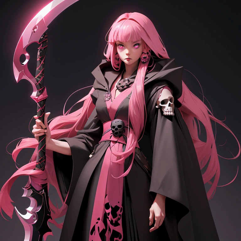 envision a 8k, highres, cinematic, full body design of a tall woman named Mori Calliope with long pink hair, pink eyes, in a grim reaper robe adorned with skull accessories and a scythe against a dark gray background