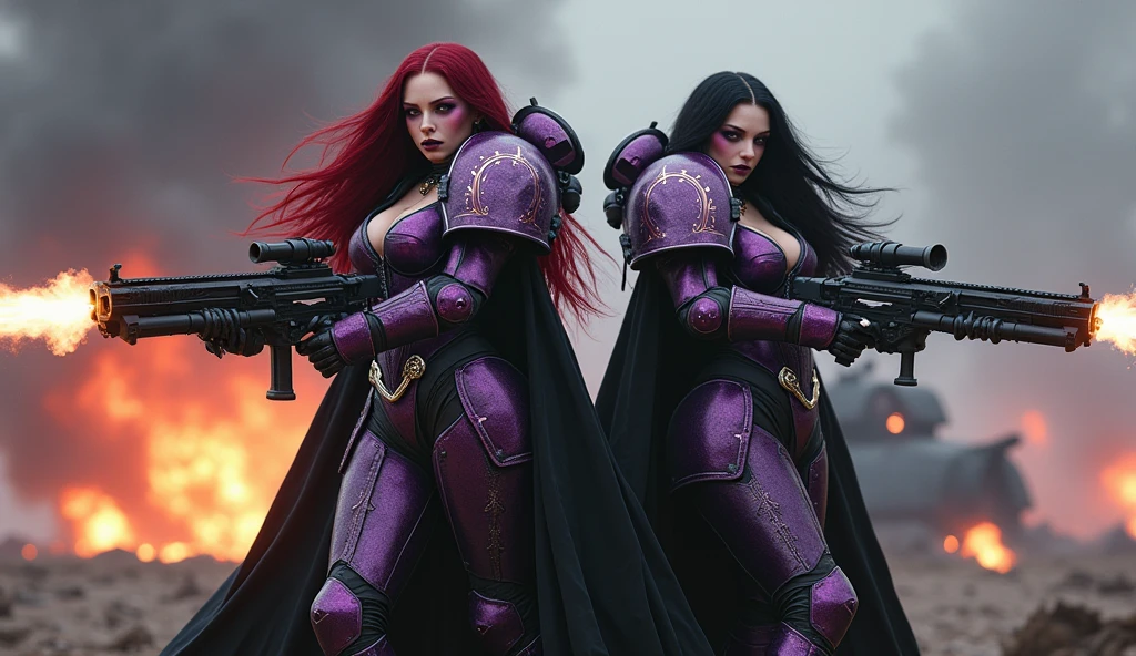 Masterpiece, Best Quality, Official Art, (Highly Detailed CG Unity 8k wallpaper), Detailed background, (Hands by Guido Daniele: 1.1). Full body pose sexy sisters of battle from the warhammer 40k, shooting at the enemy, white armor with intricate details, red armor with intricate details, religous symbols on the armor, sisters of battle, warhammer 40k, Massive silicone breast, pale skin, seductive, temptation, eat your soul, clevage, long flowing black hair with purple highlights, heavy gothic makeup, at night, neon, beautiful detailed eyes, beautiful detailed lips, extremely detailed eyes and face, long eyelashes, highly detailed armor, intricate futuristic weaponry, dramatic lighting, cinematic composition, muted color palette, gritty and realistic, mecha, science fiction, hyper-detailed, photorealistic, award winning digital art, 8k, HDR, masters work, in the middle of a battle field, full body combat action pose, explosions and fire around, full war, stunning, Stilleto heels, high heels, full body pose, cinematic, movie trailer, final stand!, nemesis, ready to strike, dust and debree, combat screams, attacking, shooting at the enemy, running forward, last line of defense, charging, fanatic, religious, templar knights, sisters of battle, warhammer 40k