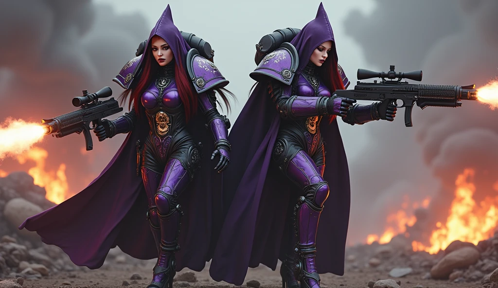 Full body pose sexy sisters of battle from the warhammer 40k, shooting at the enemy, purple space marine armor with intricate details, black space marine armor with intricate details, symbols on the armor, sisters of battle, warhammer 40k, Massive exposed silicone breast, pale skin, seductive, temptation, eat your soul, clevage, long red flowing hair, long black flowing hair with purple highlights, heavy gothic makeup, at night, neon, beautiful detailed eyes, beautiful detailed lips, extremely detailed eyes and face, long eyelashes, highly detailed armor, intricate futuristic weaponry, dramatic lighting, cinematic composition, muted color palette, gritty and realistic, mecha, science fiction, hyper-detailed, photorealistic, award winning digital art, 8k, HDR, masters work, in the middle of a battle field, full body combat action pose, explosions and fire around, full war, stunning, Stilleto heels, high heels, full body pose, cinematic, movie trailer, final stand!, nemesis, ready to strike, dust and debree, combat screams, attacking, shooting at the enemy, running forward, last line of defense, charging, fanatic, religious, templar knights, sisters of battle, warhammer 40k, shooting at the enemy, bimbo gigantic exposed breast, jetpacks, space marine, stilleto heels, cinematic light, gigantic breast, dynamic super sexy combat action pose shooting at the enemy