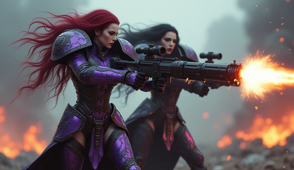 Full body pose sexy sisters of battle from the warhammer 40k, shooting at the enemy, purple and black space marine armor with intricate details, religous symbols on the armor, sisters of battle, warhammer 40k, Massive silicone breast, pale skin, seductive, temptation, eat your soul, clevage, long flowing black hair with purple highlights, heavy gothic makeup, at night, neon, beautiful detailed eyes, beautiful detailed lips, extremely detailed eyes and face, long eyelashes, highly detailed armor, intricate futuristic weaponry, dramatic lighting, cinematic composition, muted color palette, gritty and realistic, mecha, science fiction, hyper-detailed, photorealistic, award winning digital art, 8k, HDR, masters work, in the middle of a battle field, full body combat action pose, explosions and fire around, full war, stunning, Stilleto heels, high heels, full body pose, cinematic, movie trailer, final stand!, nemesis, ready to strike, dust and debree, combat screams, attacking, shooting at the enemy, running forward, last line of defense, charging, fanatic, religious, templar knights, sisters of battle, warhammer 40k
