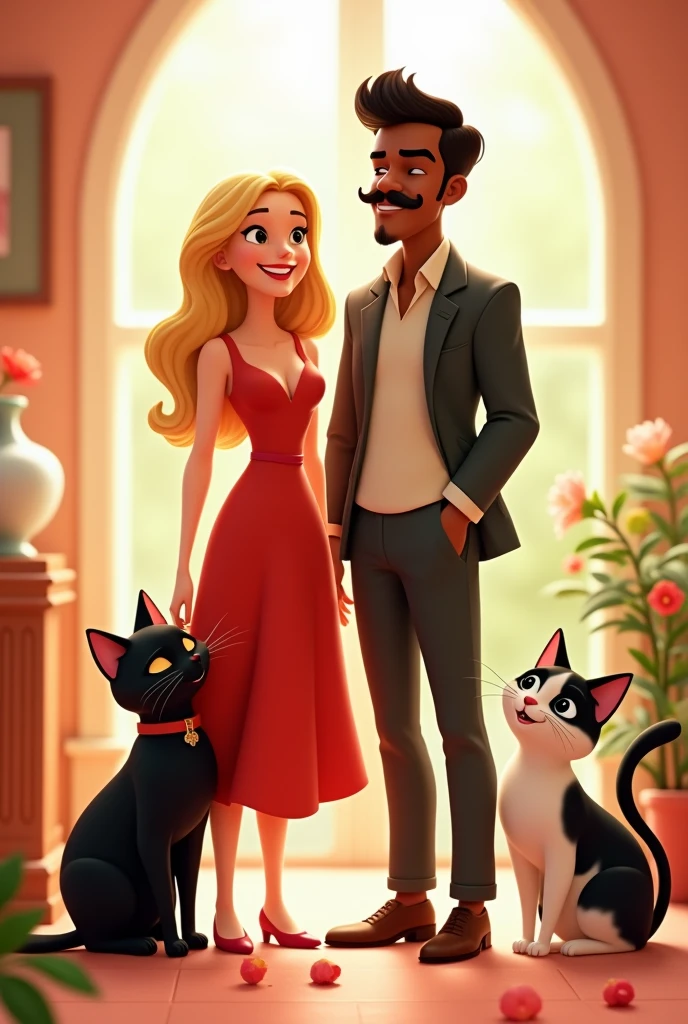 Disney Pixar style image. A blonde woman wearing a red dress, along with her tall, dark-skinned, mustachioed husband. a black cat, and a black and white cat.