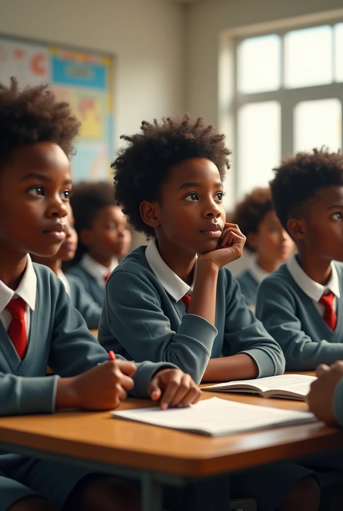Black students sitting in class dressed in high school uniforms with a teacher giving lessons.