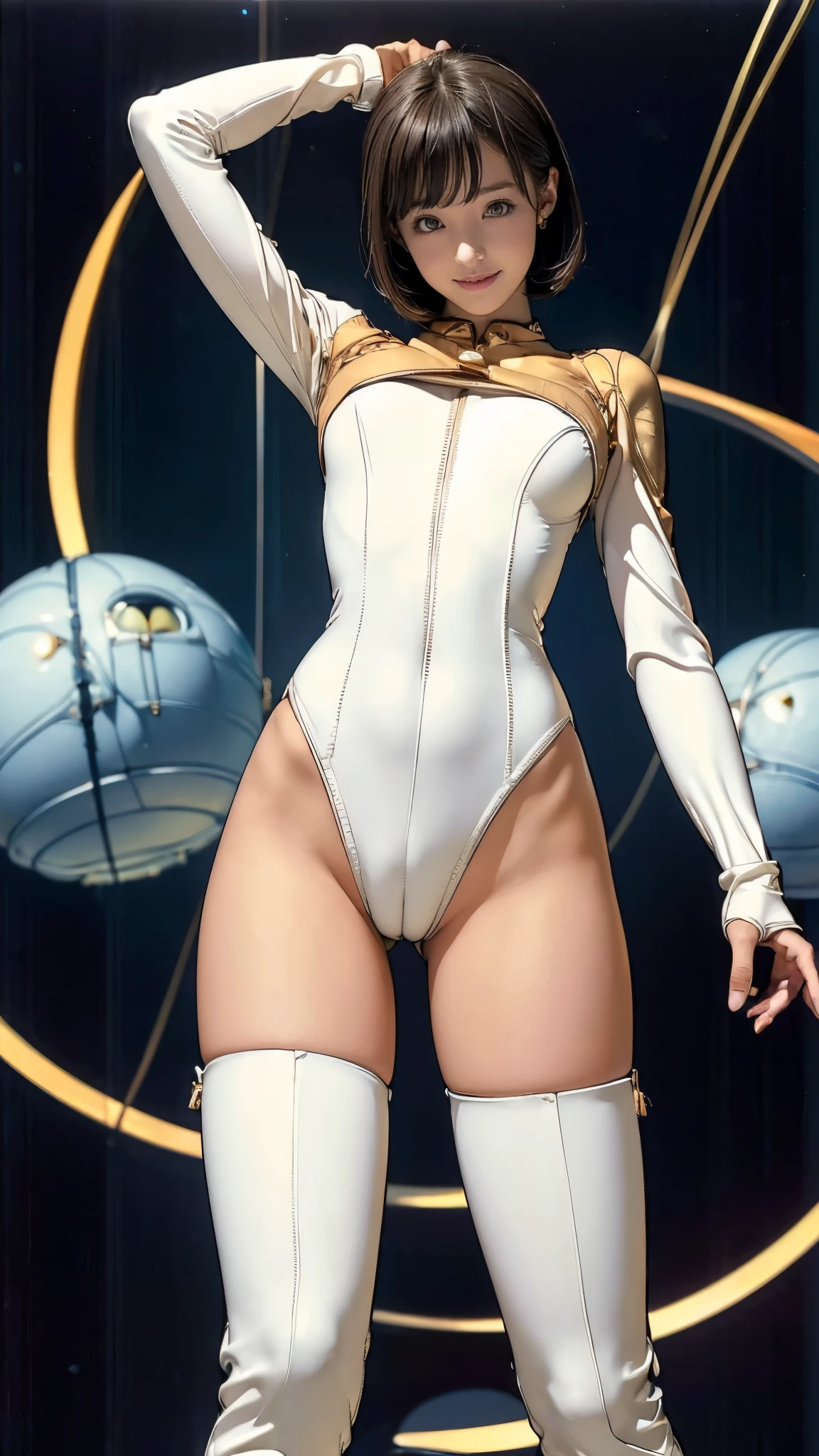 (masterpiece、Highest quality、Highest Resolution、clear_image、detailed explanation): (Full body portrait、、Very slim:1.4、Thin thighs:1.3、Long legs、(Raise your arms、Show me your armpits:1.3)、The Face of Japan、Small face、thin、Navy blue super short bob cut hair、Blue colored eyes、((Navy long sleeve space suit))、Cute type、A kind smile、Soft impression、(((Knee-high boots)))、Elbow-length gloves、Eye-level shot、face directly、Woman on a spaceship), (((Camel Toe))), ((Pure white leotard))