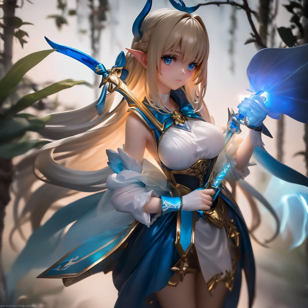 At night, a close-up of a girl holding an illuminated blue sword aloft with both hands can be seen. She stands in a dark forest, where the harsh light casts a glow on the sword, face and hands, which bears the text '123456'.