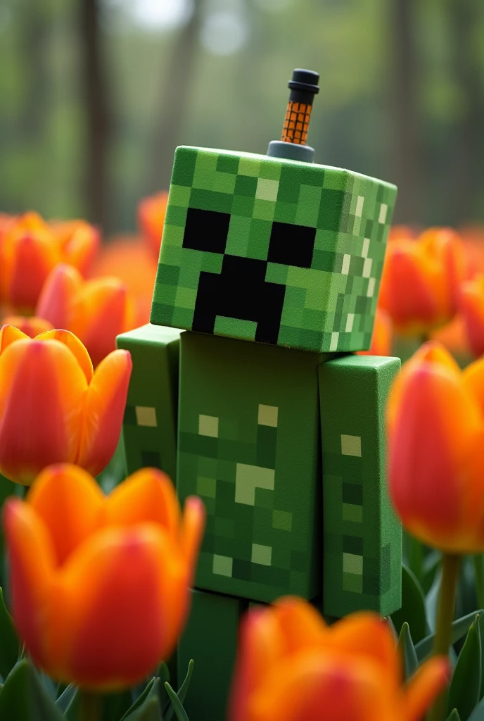 Creeper de Minecraft y tulipanes naranjas