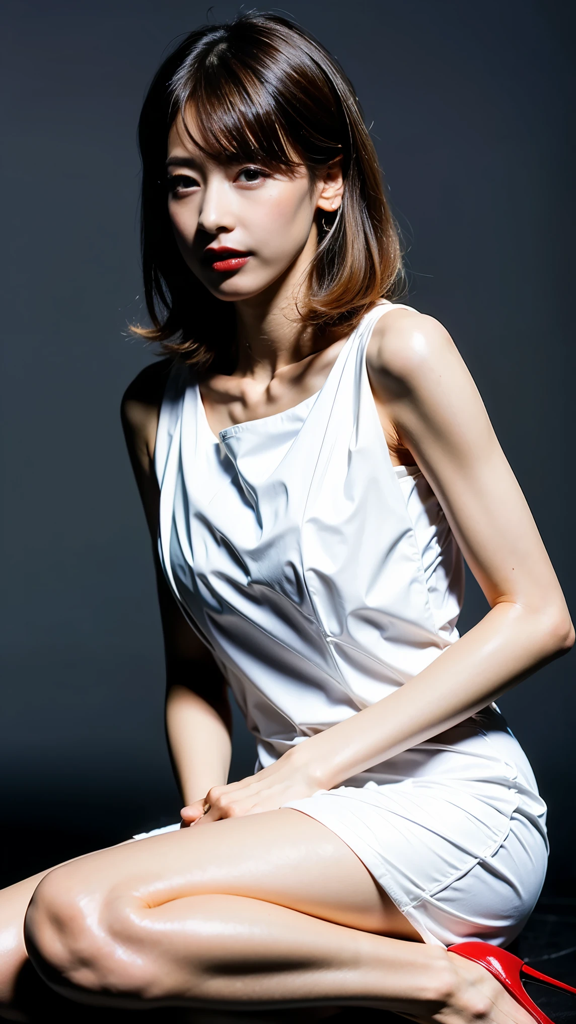 Highest quality,masterpiece,Ultra-high resolution,(Actual:1.4),Original photo,Ultra-high resolution，8k，There are also women，Fair skin、Sheer white lace mini dress，High heels，Long legs:1.5，Bright and beautiful，high waist，Flashy makeup using red eyeshadow，Gray background，