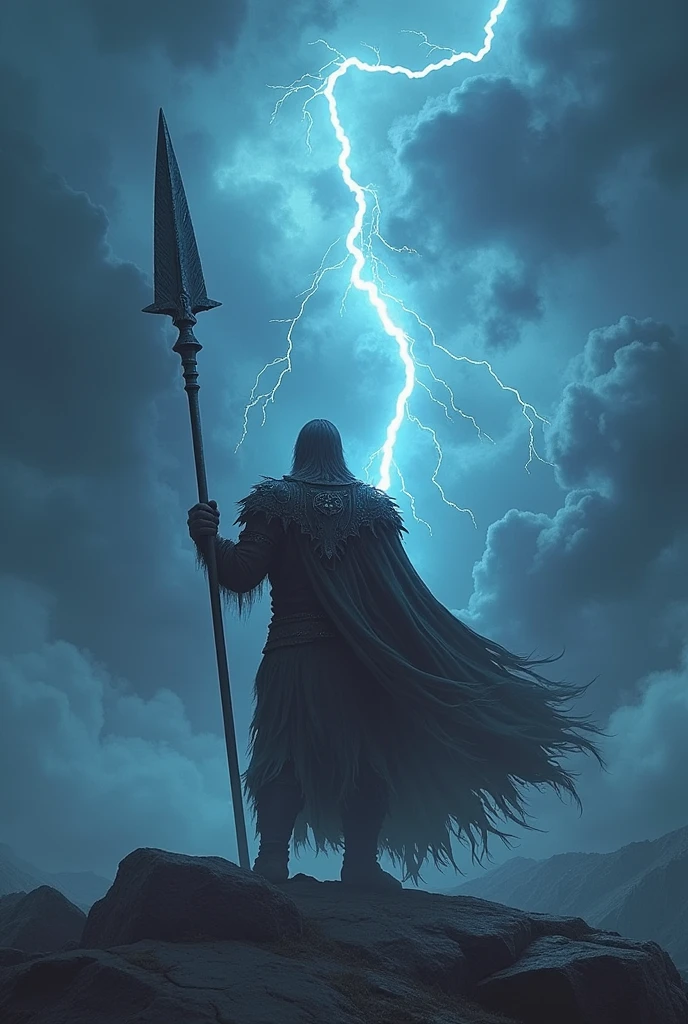 A giant spear, Gungir, Odin the god of war and death, splitting the clouds, piercing the sky, dressed in lightning,IMAGE 16:9