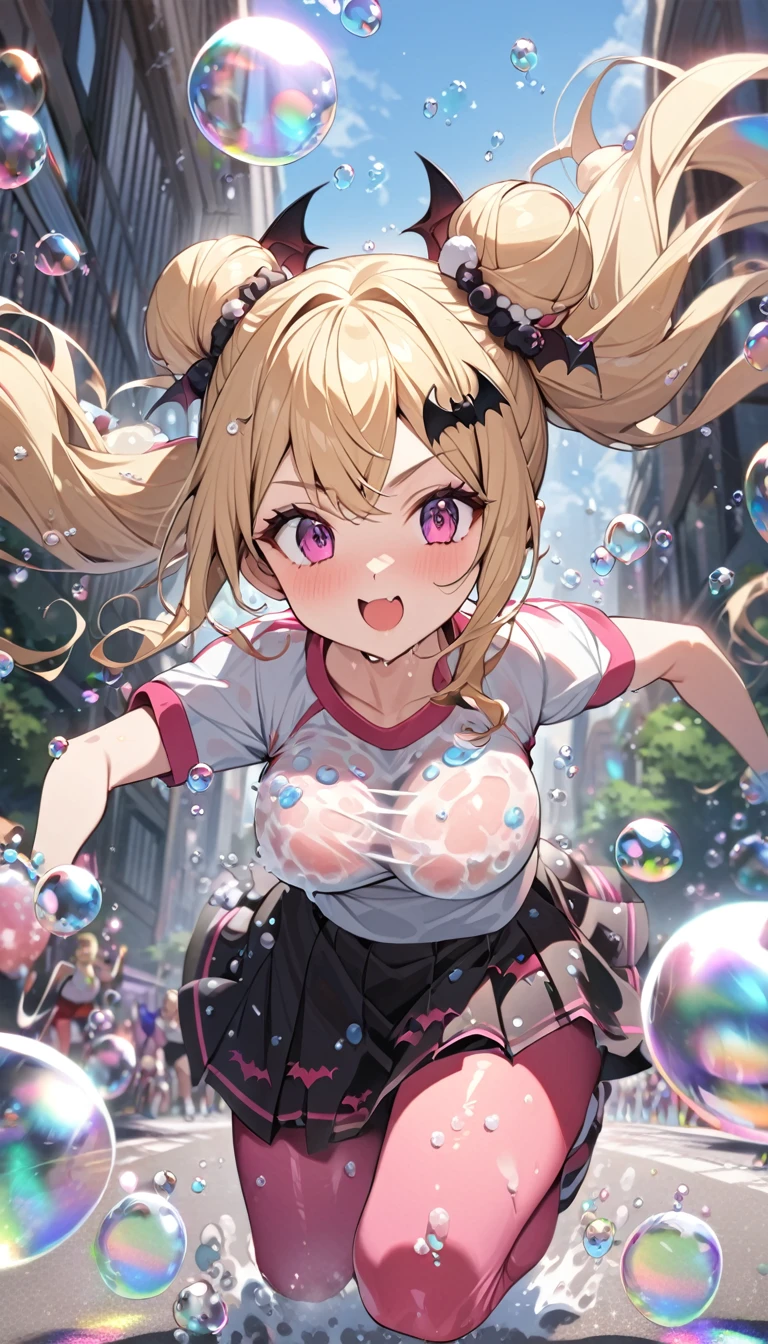 (cute),masterpiece,best quality,ultra detailed,
((Bubble run, running covered in bubbles, bubbles on the road, bubbles on your body, bubbles flying, dash, bubbles on your chest, bubble alert, tons of bubbles,sports outfits,breasts with bubble,prismatic soap bubble storm)),
vampire young lady,blonde hair,(long_twintail_drill_hair with bun),((skirt with bat print pink pantyhose,pink legwear)),bat-shaped hair ornament,huge udder,