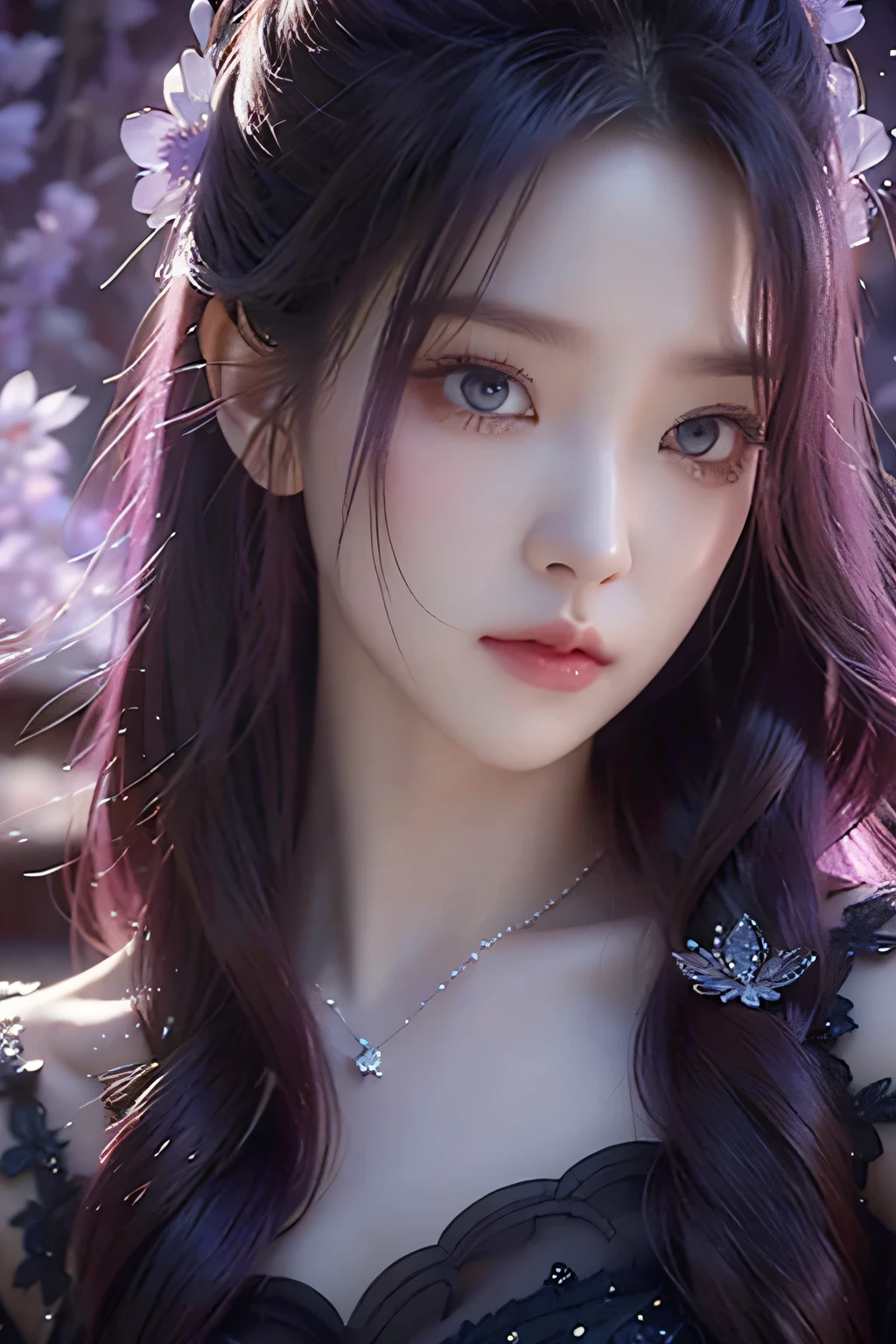 yeri rv, purple fairy, long hair, beautiful detailed eyes, beautiful detailed lips, extremely detailed face, longeyelashes, elegant pose, dramatic lighting, cinematic, chiaroscuro, dramatic shadows, moody, atmospheric, photorealistic, 8k, best quality, masterpiece, wisteria background