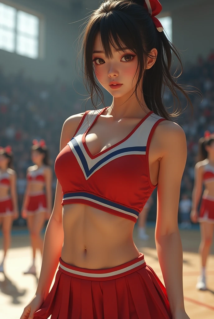 Erotic asian cheerleader. Big breasts. Upskirt. Embarrassed